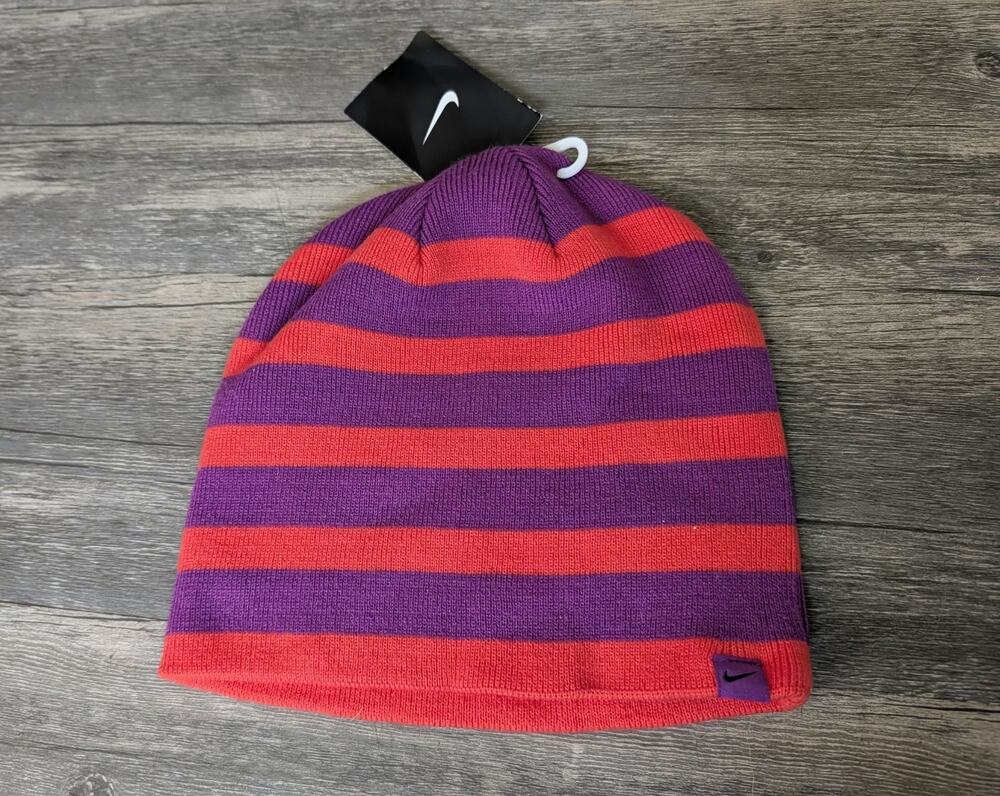 NEW! Nike Solid Purple Red Striped Knit Women's Bennie Hat Fall Winter One-size